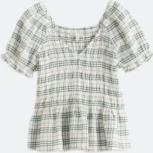 Elegant Green Plaid Smocked Blouse